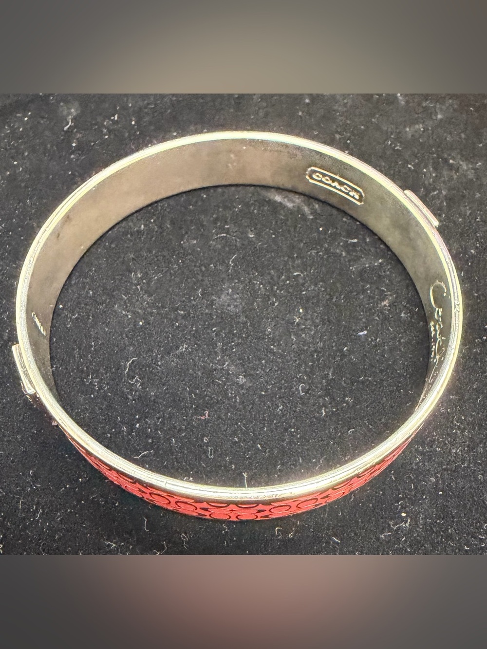 Coach Coral Red Silver Signature C Enamel Hinge Bangle Bracelet